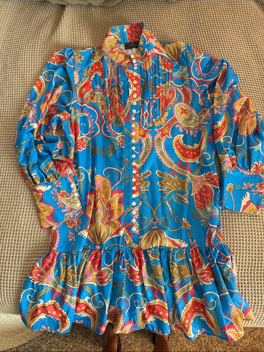 Bright Blue Paisley Ruffle Hem Women's Dress